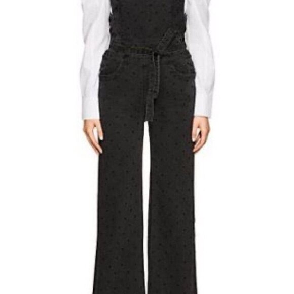 Ulla Johnson Womens Black‎ Wide Leg Embroidered Polka Dots Denim Overalls 0 - Picture 1 of 15